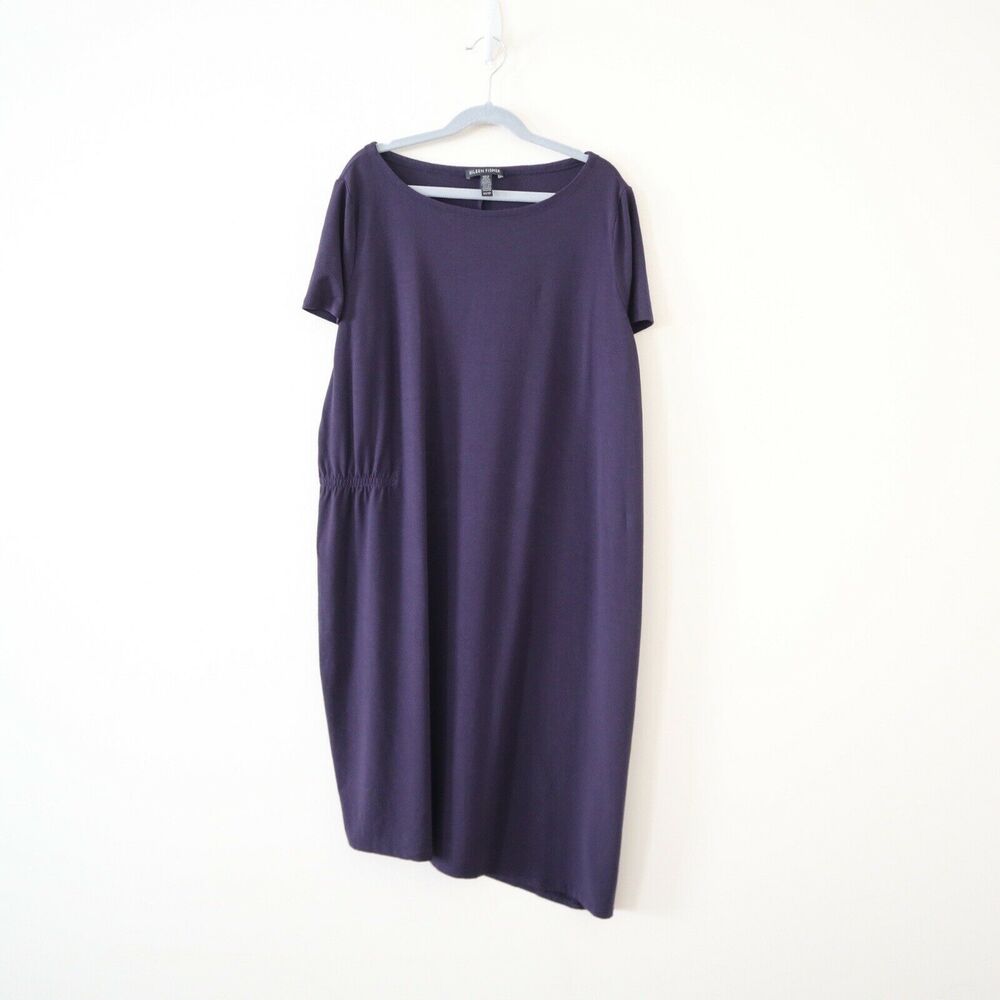 Eileen Fisher Ballet Neck Asymmetric Jersey Dress Purple Ruched Side - Picture 2 of 11